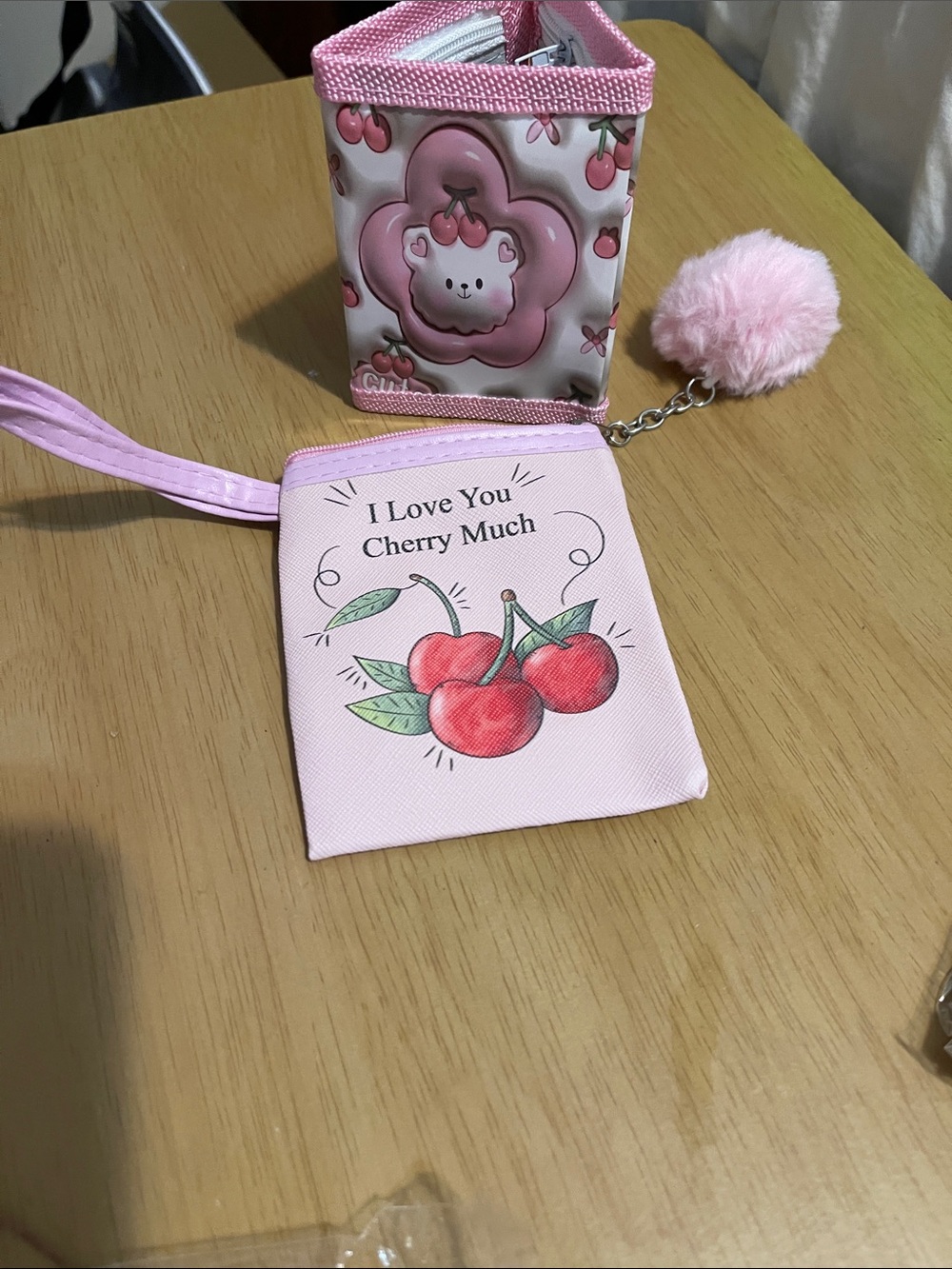 Kids Pink Cherry Card Holder and Wristlet with Pom Pom